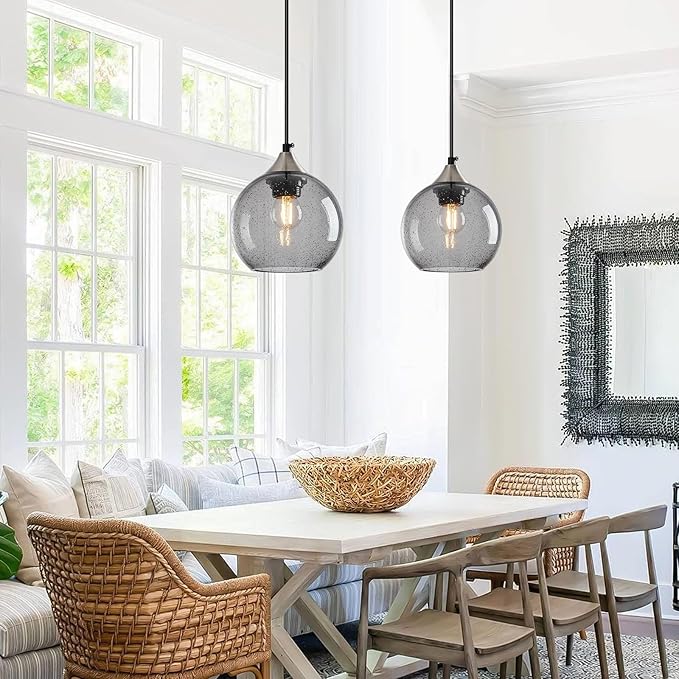 Light Grey Glass Pendant Lights Kitchen Island Globe Pendant Light Fixtures Modern Pendant Lighting for Bedroom Living Dining Room Light Fixture (5.9 in, 1 Pack)