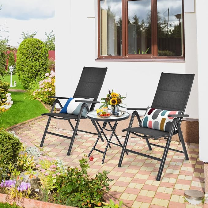 Giantex Folding Side Table, Round Small Patio Table, Tempered Glass Tabletop, Steel Frame, Weather-Resistant Outdoor Indoor Use for Bistro Porch Garden Balcony (Classic Round, 18"x18"x18.5")