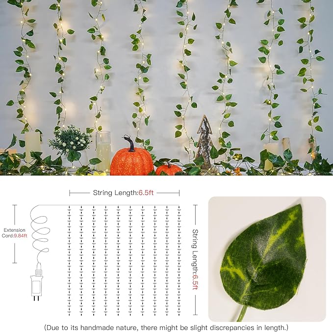 suddus 200 LED Vine with Light Plug in, 6.5ft x 6.5ft Pothos Fairy Curtain