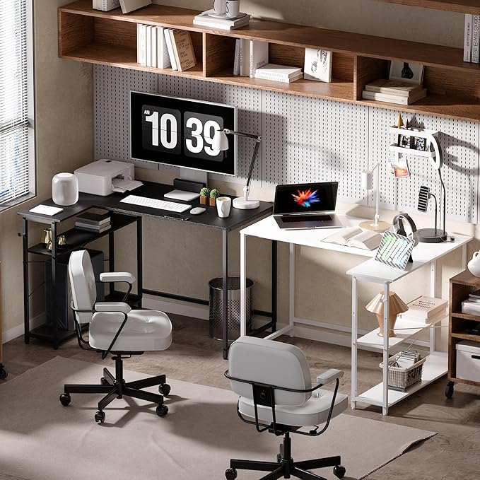 Pamray 43 Inch L Shaped Computer Desk with Reversible Side Storage Shelves, Small Corner Desk for Small Space Home Office,Writing Study Table Gaming PC Desk for Bedroom,Black