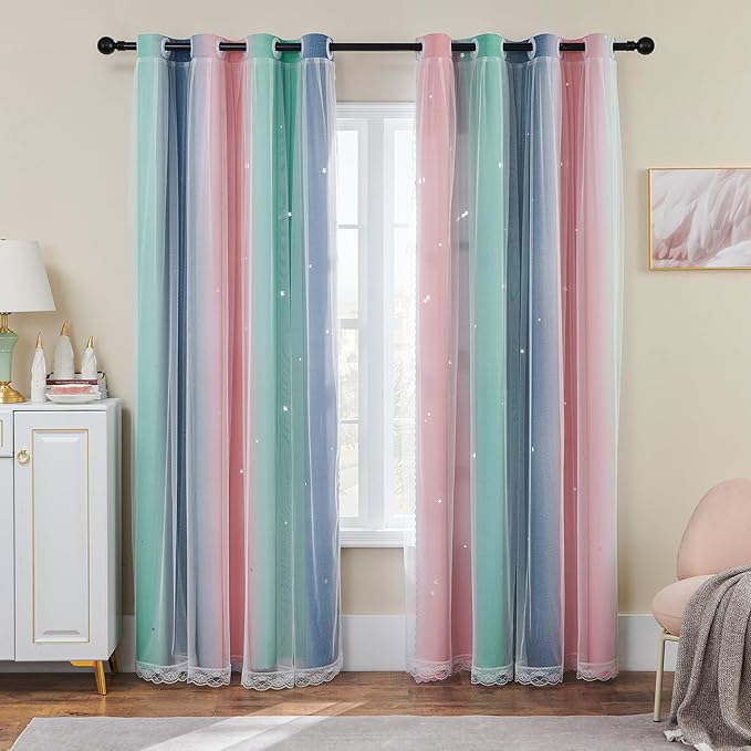 XiDi Curtains for Bedroom Decor, Rainbow Pinkgreen grey52/96
