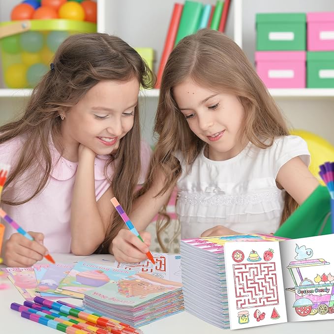 BenLouis 24 Sweet Mini Coloring Books Kids with 24 Stacking Crayons Candyland Donut Party Favors Activity Books Bulk for Kids Ice Cream Birthday Goodie Bag Gift Stuffer Classroom Reward