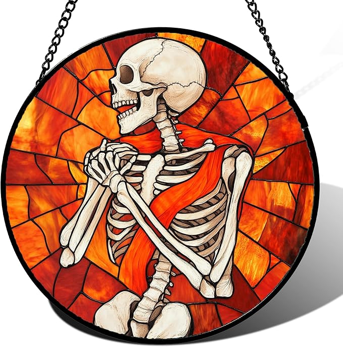 Stained Glass Window Hanging - Halloween Decorations Fear Skeleton Suncatcher for Doors Garden Indoor Spooky Funny Sun Catchers Gothic Decor Horror Gifts for Women Men Friend 15 in