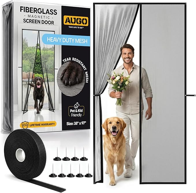 AUGO Heavy Duty Magnetic Screen Door Mesh– Premium Reinforced Fiberglass Mesh, Pet & Kid Friendly, Tear Resistant Hands-Free Self Sealing Closure, Keep Open Feature – 38" x 97"