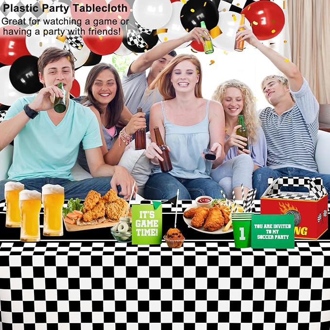 WNINK 6 Pack Race Car Table Cloth Black and White Gingham Tablecloths Disposable Plastic Buffalo Check Tablecloth Checkered Flag Covers for Birthday, Outdoor Picnic, Birthday, Camping 54 × 108 Inch