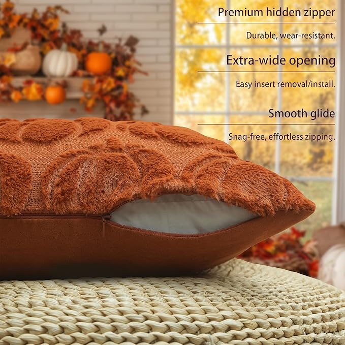 GEEORY Fall Pillow Covers 18 x 18 Inch Set of 2, Fall Decorations Pumpkins Soft Plush Fluffy Faux Fur Wool Decorative Autumn Thanksgiving Farmhouse Cushion Case for Sofa Rust GC001-18