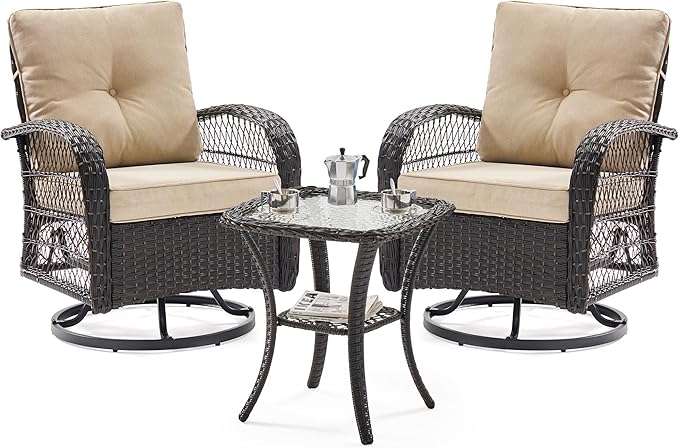 UDPATIO 3 Pieces Patio Furniture Set, Outdoor Swivel Rocker Patio Chairs Set of 2, All-Weather PE Wicker Glider Chairs with Thick Cushions and Glass Coffee Table，for Porch Deck Backyard Khaki