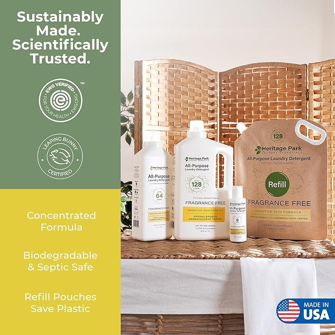 Heritage Park Luxury Laundry Detergent | Dermatologist Tested Plant based Natural & Enzyme Laundry Detergent | Sensitive Skin Friendly - Fragrance Free (32 fl oz)