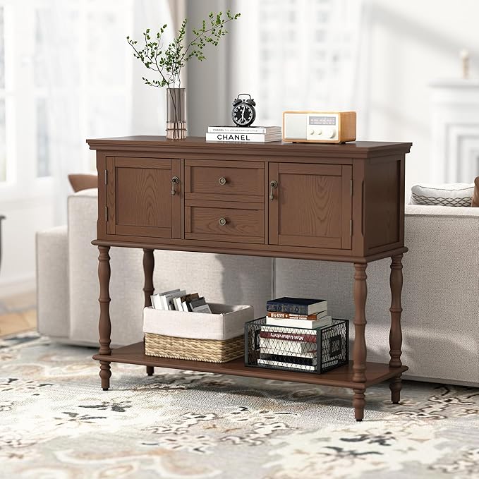 ARTPOWER Console Table for Entryway, Retro Wooden Entryway Table with Storage, with 2 Door & Drawers and Open Shelf, Behind Couch Sofa Table for Living Room, Foyer, Hallway, Brown