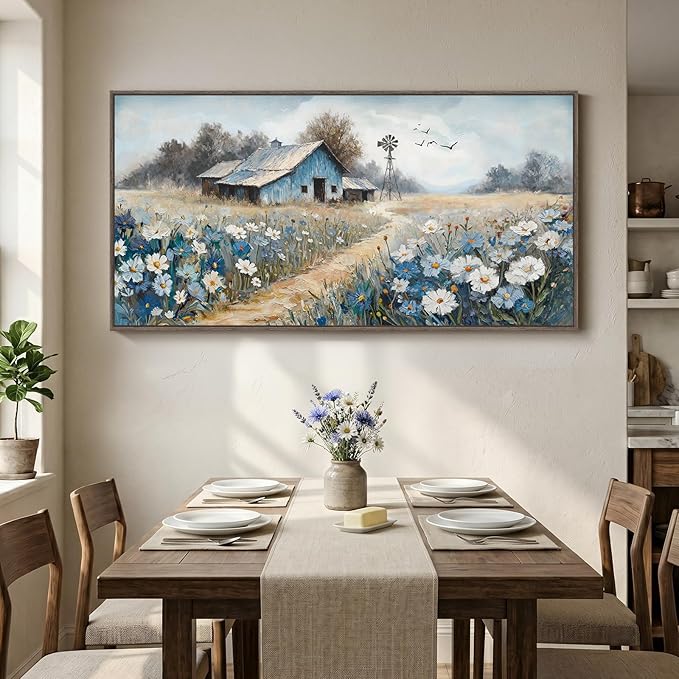 Large Framed Farmhouse Canvas Wall Art for Living Room, Blue Vintage Rustic Barn Horizontal Canvas Prints, Country Floral Wall Decor for Bedroom Dining Room Hallway 30x60 Inch