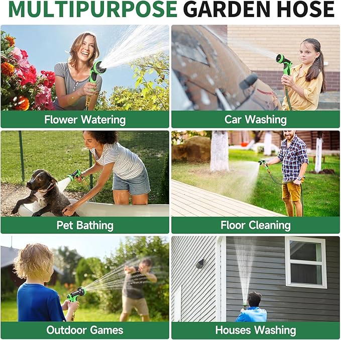 Garden Hose 100 ft Non-expandable Water Hose Flexible Durable 5 Layers TPV No Kink Lightweight Hybrid Hoses Heavy Duty with 3/4’’ Fittings-10 Way Nozzle Collapsible Outdoor Pipe for Yard Lawn