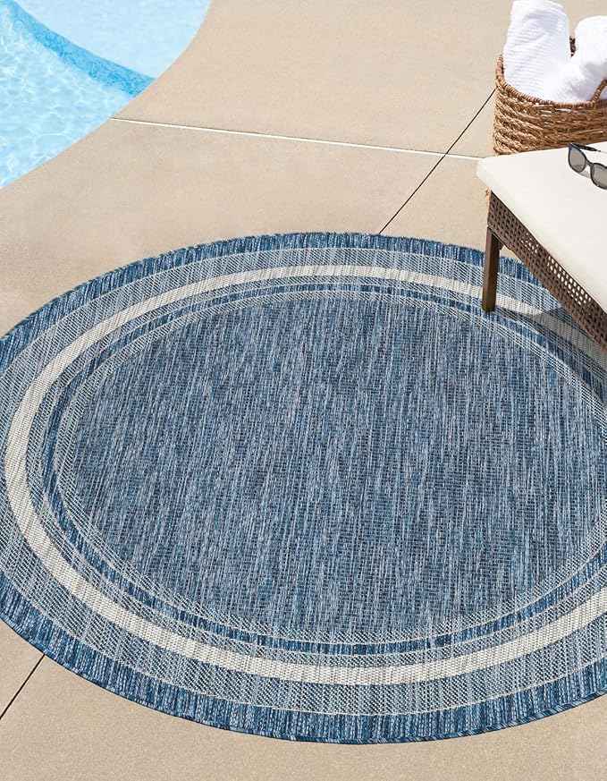 Unique Loom Outdoor Border Collection Area Rug - Soft Border (10' Round Blue/Ivory)