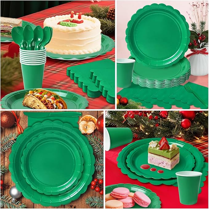 Vyntra 350 PCS Disposable Plates for Party, Paper Plates & Napkins Set with Cups, Knives, Forks, Spoons, 7'' Dessert and 9'' Dinner Plates for Birthday, Christmas, St. Patrick's Day - Green