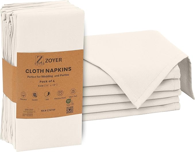 Zoyer Cloth Napkins Set of 4, 18x18 Inches Cotton Enrich Napkins Cloth ‎Washable, Soft & Durable Dinner Napkins for Parties, Wedding, Christmas, ‎Thanksgiving & Everyday Use - Ivory