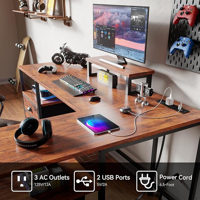 Furologee L Shaped Computer Desk with Power Outlet, Reversible Home Office Desk for Work Study, 50 Inch Corner Gaming Table with File Drawer, Monitor Stand, Storage Shelves, Rustic Brown