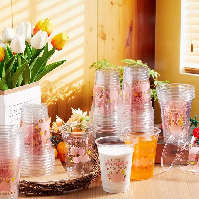 Meanplan 50 Pcs 12oz Thanksgiving Baby Shower Party Plastic Cups A Little Pumpkin is On The Way Disposable Clear Cups for Fall Autumn Baby Shower Gender Reveal Supplies Decorations(Pink)