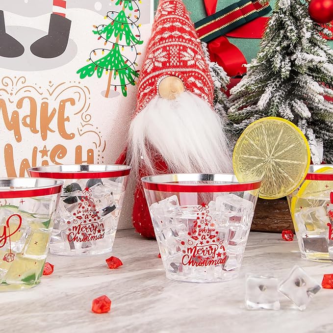 I00000 60PCS Christmas Red Plastic Cups Christmas Disposable Cups 9 Oz Plastic Holiday Cup Wine Glasses Red Rim Clear Cocktail Cups Tumblers Clear Drinking Glasses for Xmas Parties