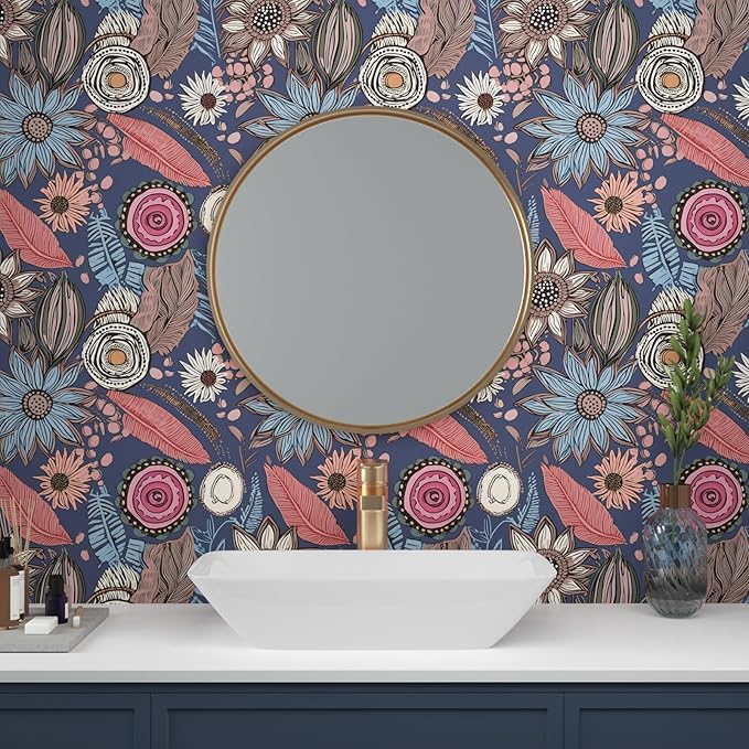 Blue Pink Wallpaper Peel and Stick, Vintage Boho Floral Contact Paper 17.5" x