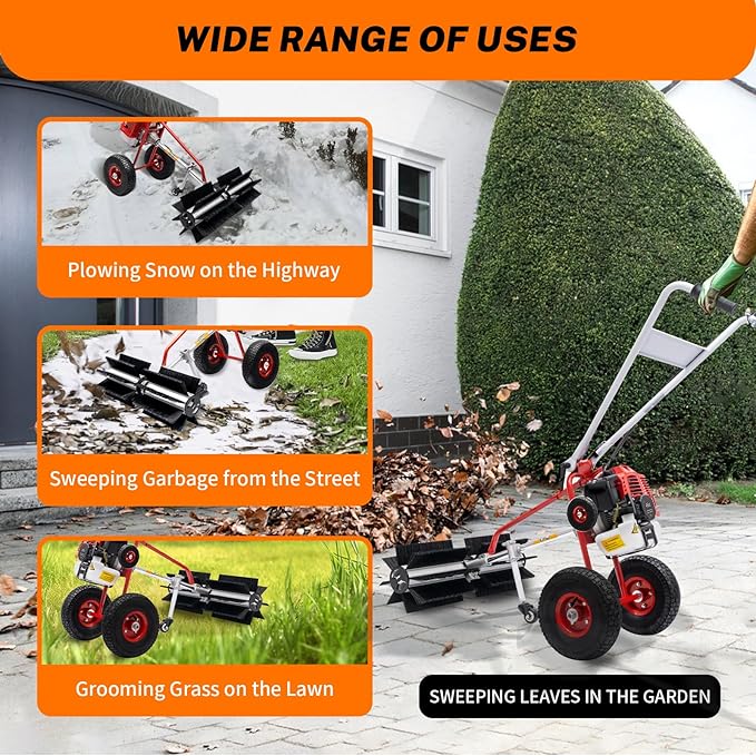43CC 2-Stroke 1.7HP Portable Gas Power Held Sweeper Broom,1250W Artificial Grass Brush Power Broom Handheld Turf Lawn Sweepers Tool W/ 2Large Wheels for Cleaning Leaves Snow Gravel