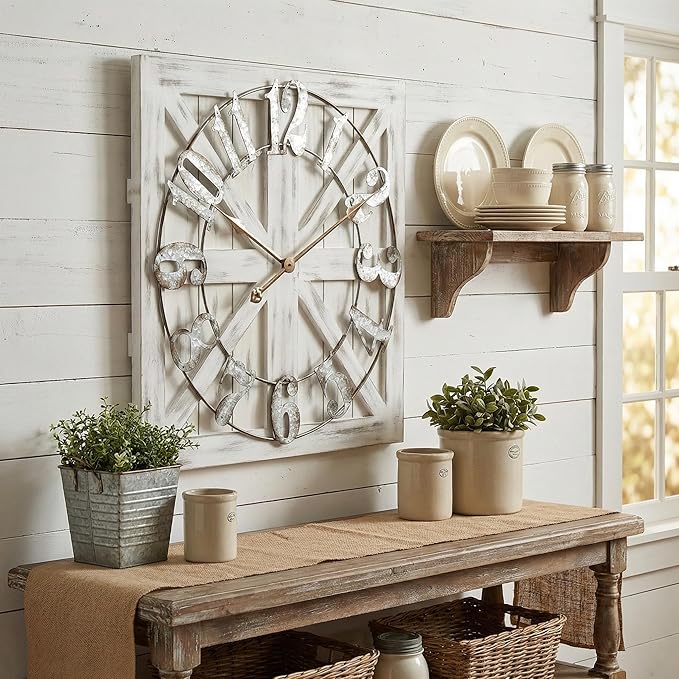 EMAX HOME Large Farmhouse Wall Clock – 24 Inch White Square Rustic Wooden Clock