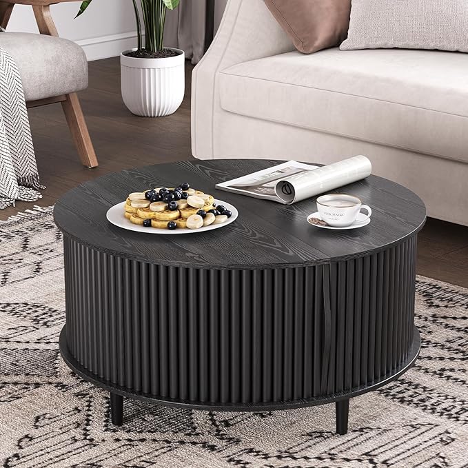 Black Round Coffee Table with Storage, 31.5" Fluted Center Table with Sliding Door, Modern Circle Drum Accent Table for Living Room, Sleek Wood Furniture for Small Spaces & Apartments