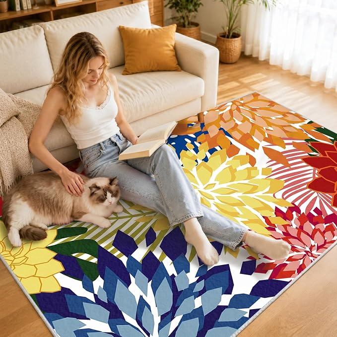 ZonLi Colorful Outdoor Rug 5x8Ft Waterproof Multicolored Indoor Area Rug Washable Outdoor Patio Rugs Tropical Floral Non Slip Outdoor Carpet for Living Room, Pool,Backyard,Deck,Camping