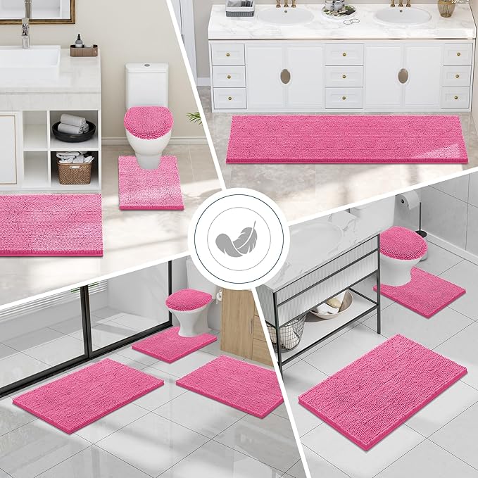 Smiry Luxury Chenille Bathroom Rugs 24x16, Extra Soft and Absorbent Shaggy Bath Mat, Machine Washable, Non-Slip Plush Carpet Runner for Tub, Shower, and Floor, Home Decor Accessories, Hot Pink