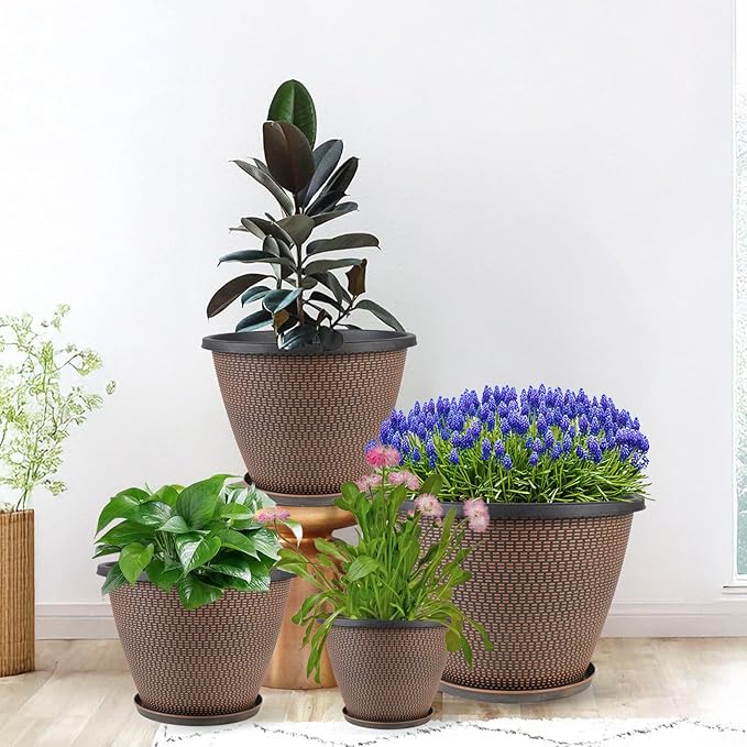 12 inch Pots for Plants, 4 Pack Large Outdoor Planter Pot with Drainage Holes & Saucers, Plastic Flower Pots for Indoor Plants, Decorative Garden Pots for Indoor & Outdoor Plant (Black Copper)