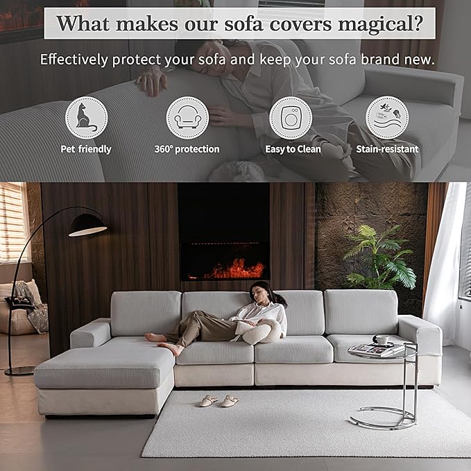 OHSIO Sectional Couch Covers, Wear Resistant Stretch Sofa Covers Washable Soft Couch Cushion Covers Anti Slip Furniture Protector Sofa Slipcovers for Pets (1 Piece Back Couch Cover, Light Gray)