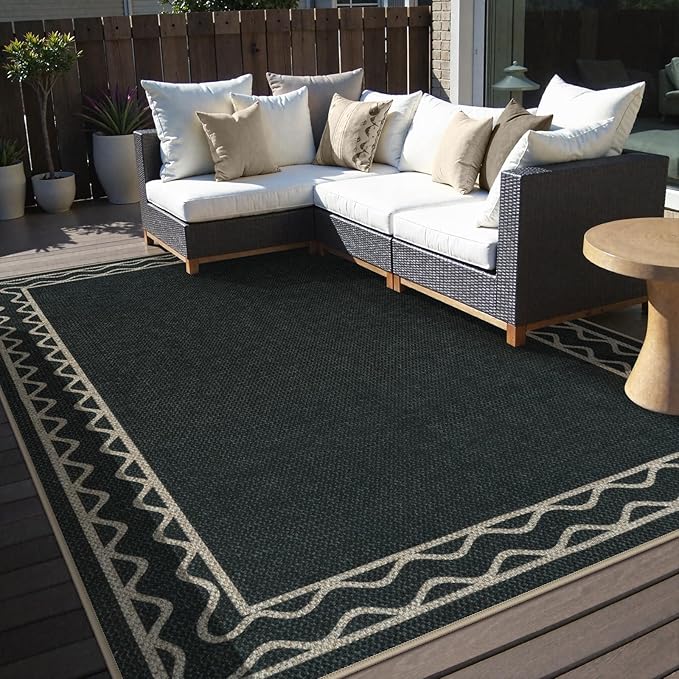 OJIA Easy Jute Washable Rugs 8x10, Large Outdoor Patio Rug Washable Living Room Rug Farmhouse Indoor Outdoor Carpet Wavy Border Modern Non-Slip Black Rugs for Bedroom Backyard Deck Decor