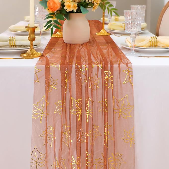 Snowkingdom Fall Thanksgiving Table Runner 10Ft, Gold Maple Leaves Burnt Orange Rust Sheer Tulle Gauze Cheesecloth, Golden Sequin Glitter Dining Table Centerpieces Decorations for Autumn Harvest Party