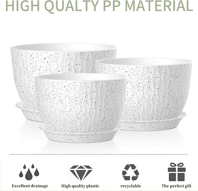 12/10/9 Inch Plant Pots, 3 Pack Large Flower Pots for Indoor and Outdoor Plants with Water Ripples, Large Plastic Flower Pots with Drainage Holes and Tray for Garden Indoor Plants