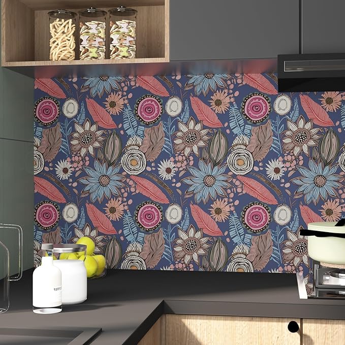 Boho Wallpaper Peel and Stick, Vintage Blue Pink Floral Contact Paper, Retro