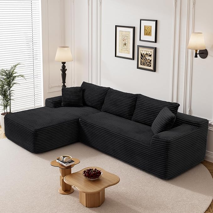 95" L Shaped Boneless Sectional Couches, Wide Armrest, Deep Seat, Memory Foam, Assembly Free, Modern Comfy Corduroy Fluffy Cloud Sofa with Left Chaise for Living Room, Small Spaces, Black