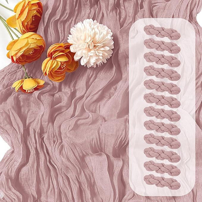 12 Pack Dusty Pink Cheesecloth Table Runner 17 x 108 Inch Gauze Table Runner Fabric Semi Sheer Cheese Cloth Table Decor Bulk for Rustic Romantic Wedding Baby Shower Table Decoration