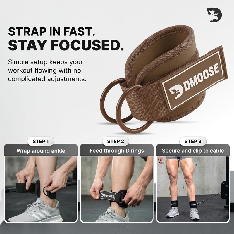 DMoose Fitness Ankle Straps for Cable Machines - One Size Fit Premium Padding, Glute Kickback Ankle Strap for Women & Men, Cable Attachments for Gym, Booty Workouts & Hip Abductors (Cocoa - Single)