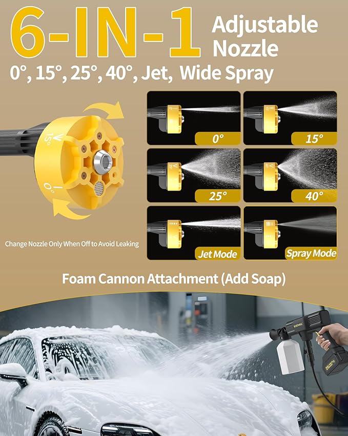 Cordless Portable Washer, 1100 PSI Battery Operated Washer with All-Copper Motor, Battery, 23FT Elastic Hose, Storage Bag; Handheld Washer; Lightweight Car Washer for Home, Garden (Yellow & Black)
