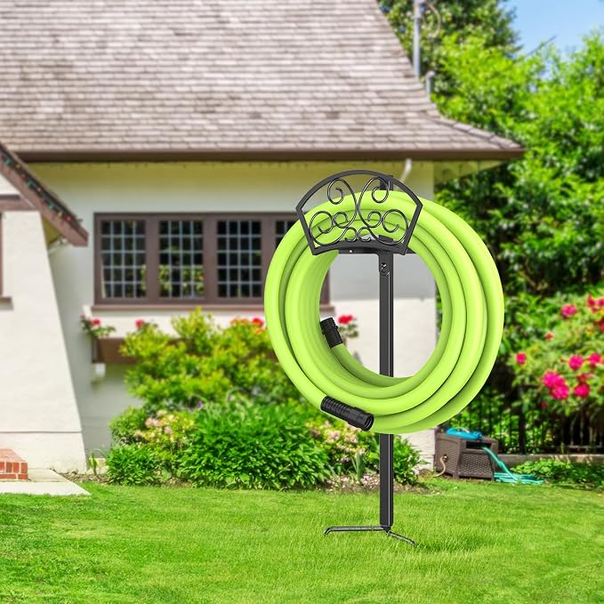 GOFORWILD Garden Hose Holder, Decorative Durable Hose Hanger, Holds 125-Feet of 5/8-Inch Hose, Made of Gauge Steel, Free-Standing Design for Outside Yard Lawn, Black