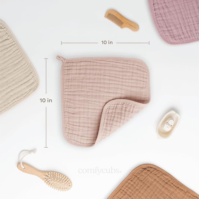 Comfy Cubs Muslin Baby Washcloths 6 Pack - Soft 6-Layer Cotton Wash Cloths for Sensitive Skin - 10"x10" Large, Gentle, Absorbent Infant Essentials for Newborn and Toddlers - Blush