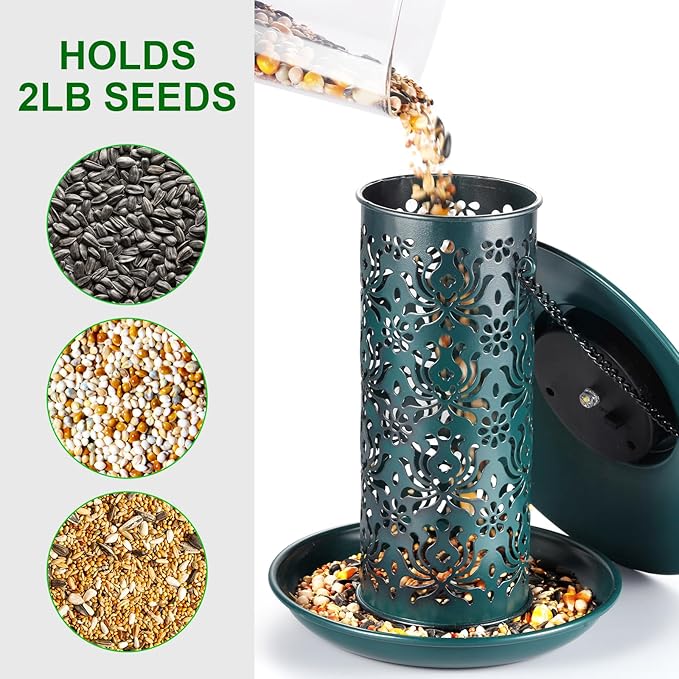 SWEETFULL Solar Bird Feeders for Outside Metal Outdoor Hanging,Wild feeders as Gift Ideas Lovers Garden Yard Patio Cardinals (Chew-Proof,Heavy Duty Weather Resistance 2LBs)