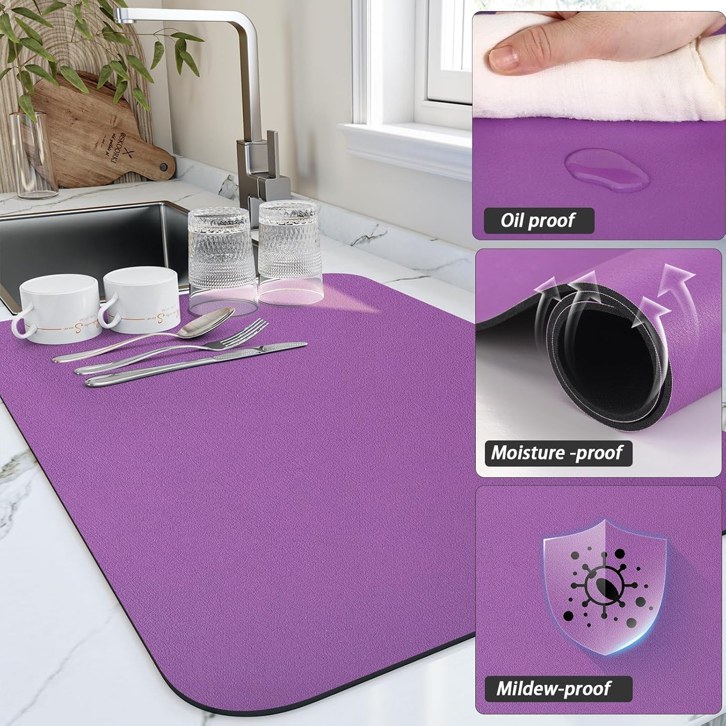 Dish Drying Mat for Kitchen Counter, Heat Resistant Drainer Mats with Non-slip Rubber Backed, Hide Stain Kitchen Super Absorbent Draining Mat, Easy to Clean Dish Rack Pad, Purple 18"x28"