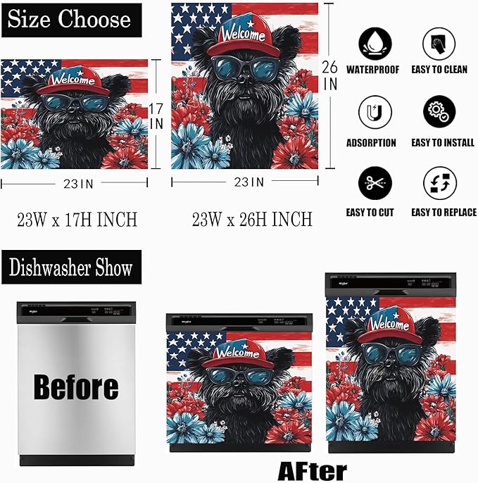 Black Patriotic Puppy Dishwasher Magnet Cover American Flag and Flowers Magnetic Dishwasher Cover Magnets Decorative Cover Refrigerator Appliances Panel Sheets 23" x 26" Magnetic