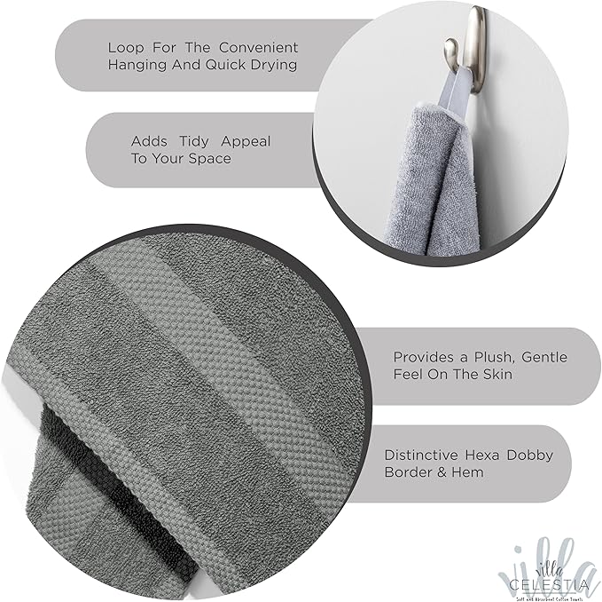100% Combed Cotton Bathroom Towel Set of 8- 2 Bath Towels, 2 Hand Towels, 4 Wash Cloths, Sustainable, Soft, Highly Absorbent 8 Piece Cotton Bath Towel Set Ideal for Hotels, Spa, Bathroom, Dorm, Grey