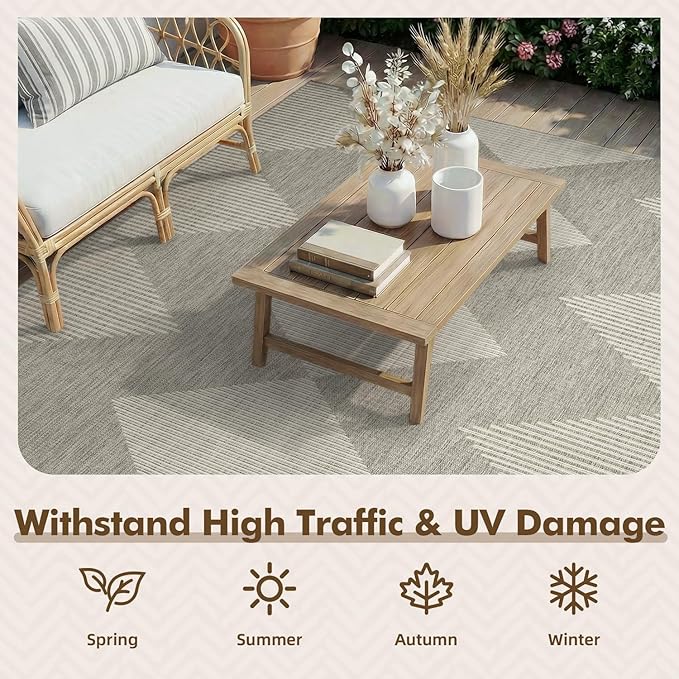 MontVoo-Outdoor Rug Carpet Patio Rug 4x6 ft Polypropylene Indoor Outdoor Rugs for Patio Deck Balcony Porch, Textured Weave, Durable for High Traffic, Fade-Resistant, Boho Geometric Silver Grey