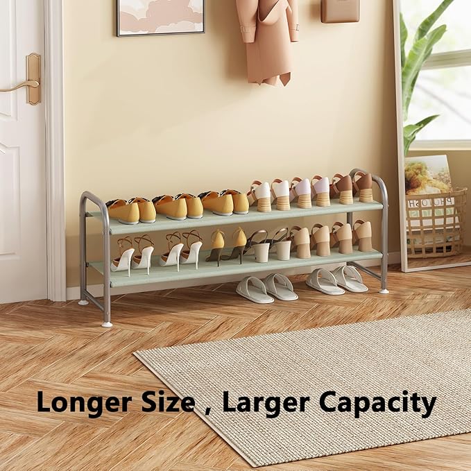 Shoe Rack 2 Tier Long Storage Organizer Wide Metal Shoe Shelf for Closet Entryway Grey