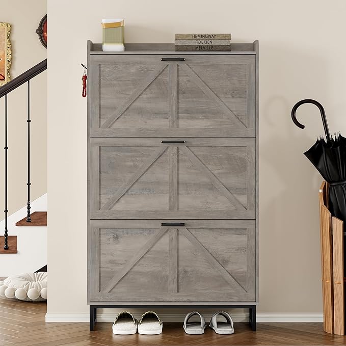 Shoe Cabinet with 3 Flip Drawers Narrow Shoe Storage Cabinet Organizer Wooden Freestanding Shoe Rack Hidden Slim Shoes Storage Cabinet for Entryway, Hallway, Living Room, Bedroom