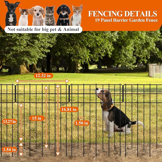 Garden Border Edging Fences, 12.32"*16.81" Decorative Fence Panel, Small Garden Fence Animal Barrier, No Dig Fences Barrier, Square 19 Pcs Black Metal Fencing, Dog Fencing Blocker for Yard, Flower Bed