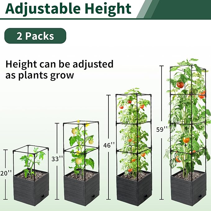 Tomato Planter with Trellis, 57 Inch Self-Watering Planter Box 2-Pack, Grey Planter with Metal Support for Outdoor Indoor Climbing Plants