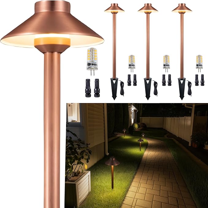 Solid Brass Copper Path Lights(Hat), 12V AC/DC Waterproof LED Sideway Lights Outdoor, Low Voltage Lighting Wired for Garden Walkway Driveway Garden Yard with 3W 2700K G4 Bulb(4 Pack)