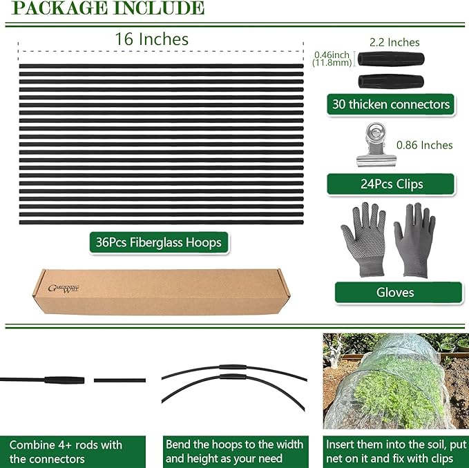 36PCS Garden Hoops Grow Tunnel Kit - 8FT Rust-Free Fiberglass Arches with Plastics Coating (6 Sets) for Raised Beds, Plant Support, Shade Cloth Net, Insect Netting & Row Cover Protection